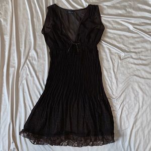 Chocolate Brown Sheer Midi V-Neck Dress | Mesh Pleated A-line Dress | Size S / M